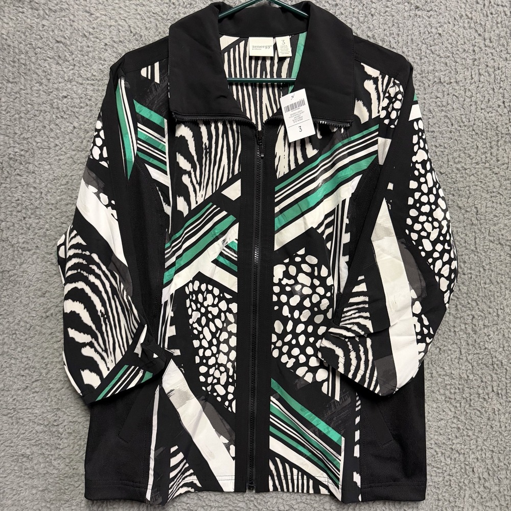 NEW Zenergy by Chico's Neema Vivid Stripes Jacket Women's Size 3 Black Green